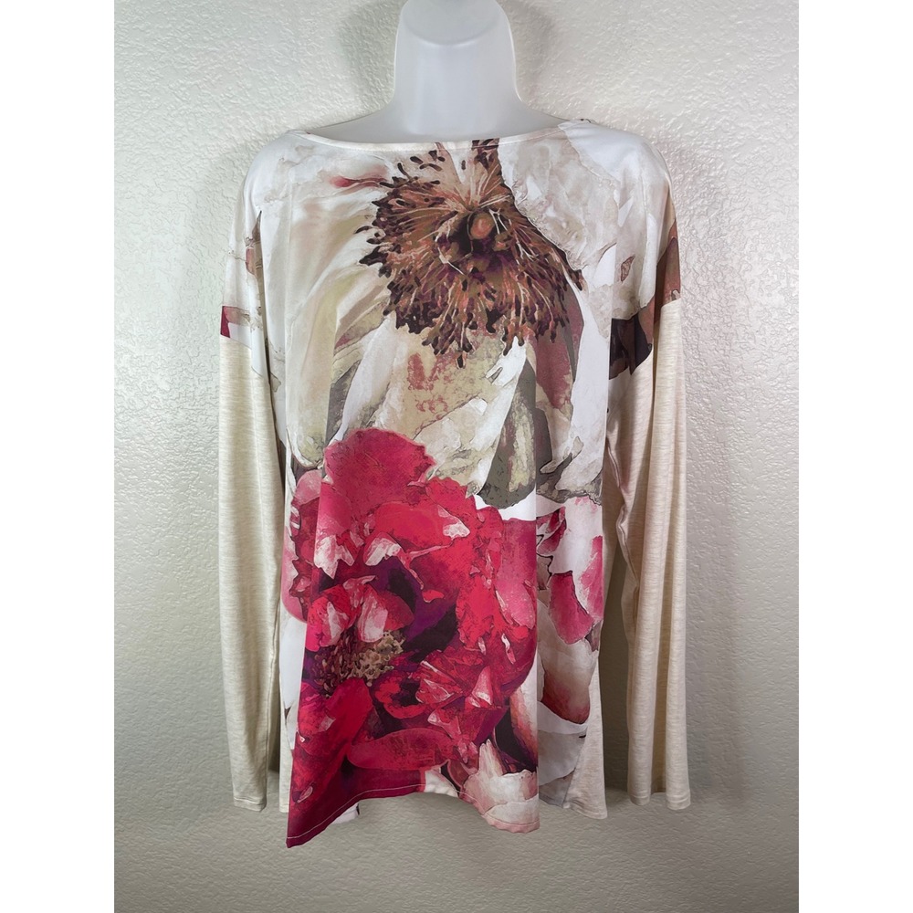 Chicos 2 US Large  Top Cream Floral Mixed Media Boat Neck Long Sleeve Blouse